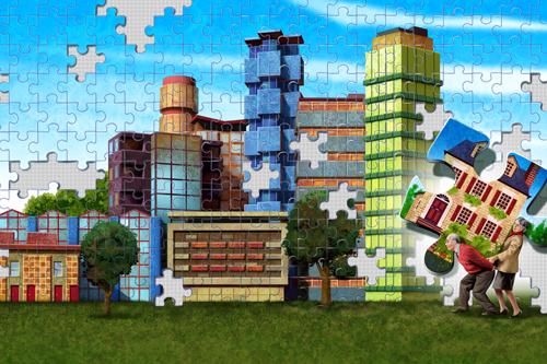 Jigsaw puzzle with cartoon elderly couple carrying one of the pieces