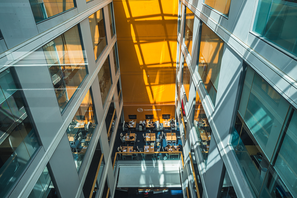 Interior of Bayes Business School overlooking Thomson Reuters study area
