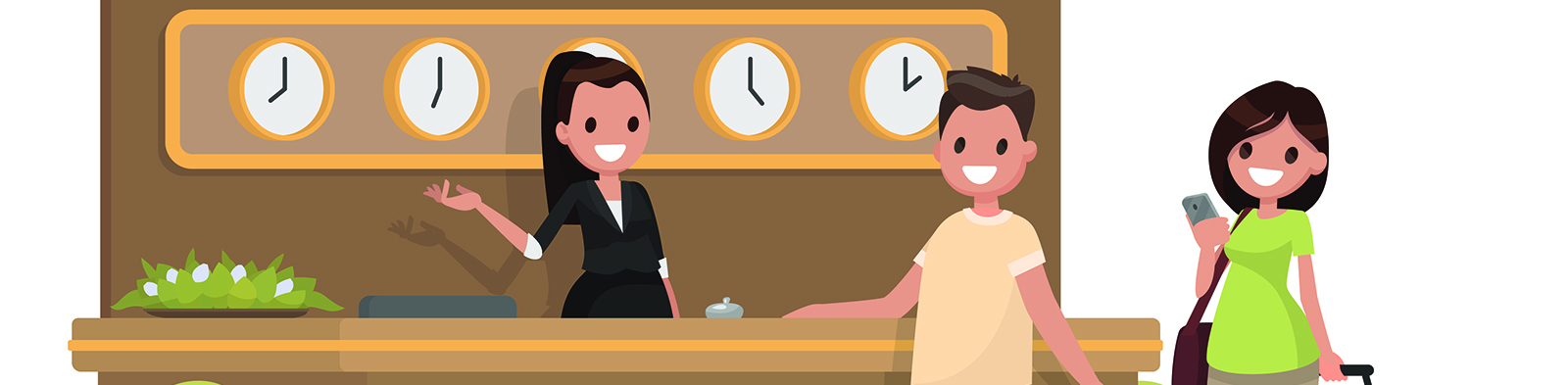 Cartoon of man and a woman checking into hotel