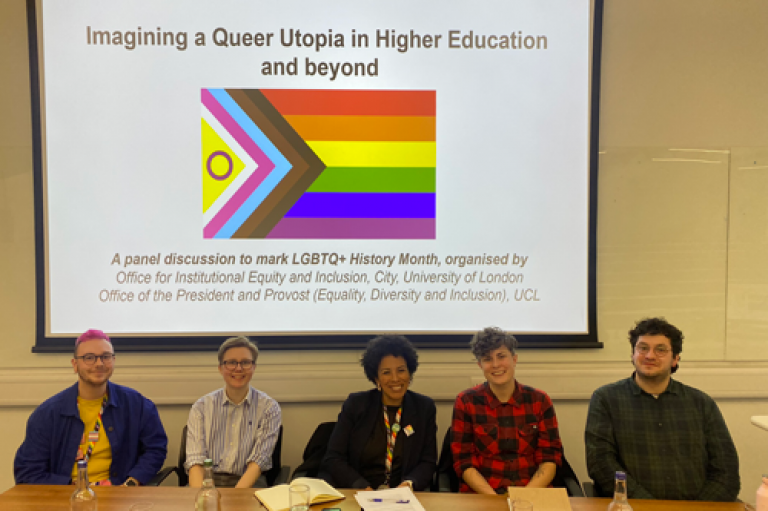 'Queer Utopia' event panellists: Graysen Whittaker (City Senior EDI Officer for Gender & LGBTQIA+), Molly Edwards (UCL student), Dr Jessica Jones Nielsen (Assistant Vice-President for EDI), Dr Lo Marshall (UCL lecturer), Alim Kheraj (City student)