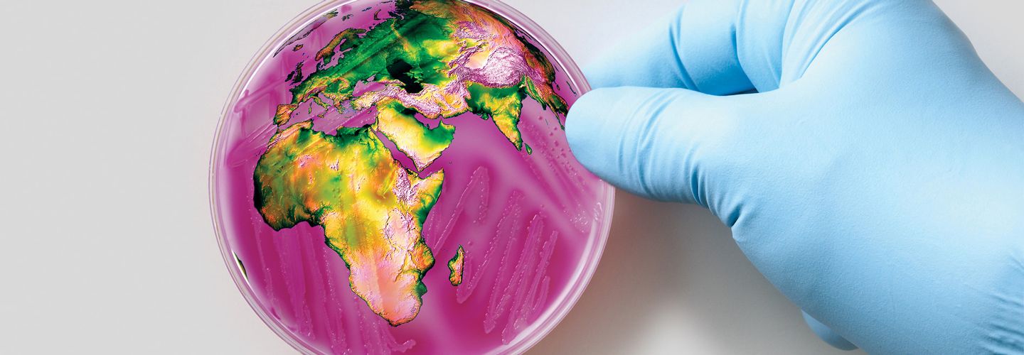 Petri dish with mould in the shape of the earth's continents