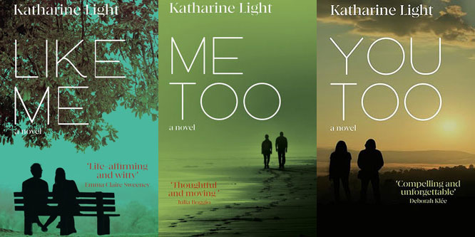 Three Katharine Light novel covers together: Like Me, Me Too, You Too