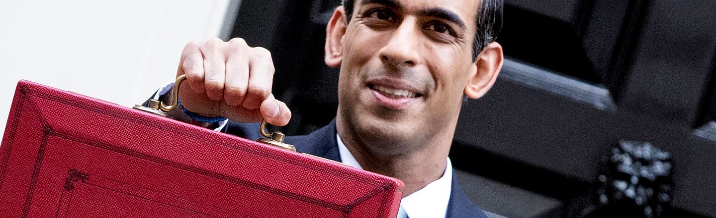Chancellor Rishi Sunak holding the red Budget briefcase outside 10 Downing St