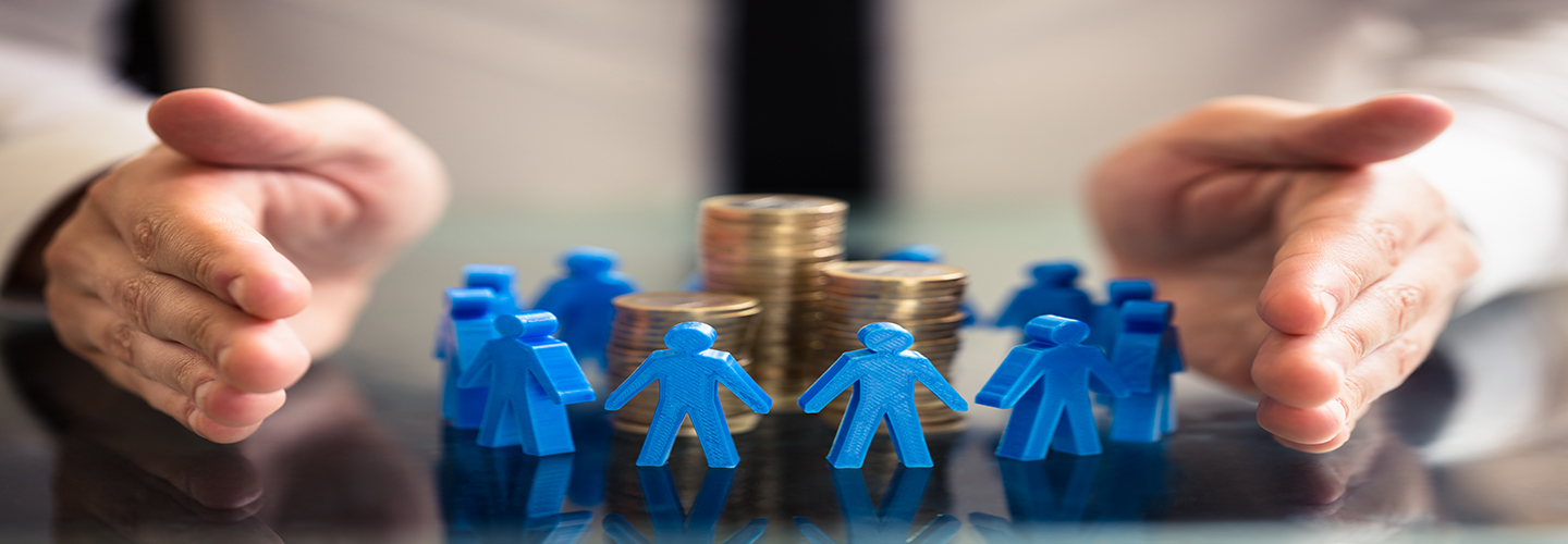 A crowd of toy figures protect a pile of money