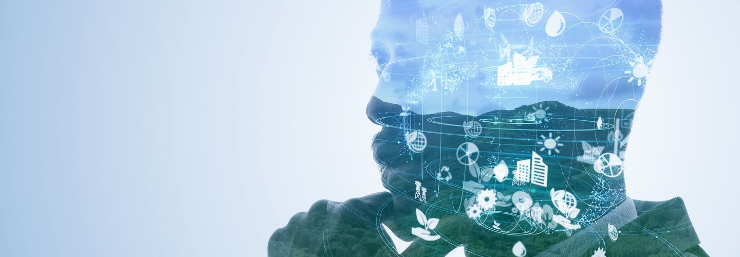 Forest landscape and icons of technology and growth overlaid over the near-silhouetted face of a black man in a thinking pose.