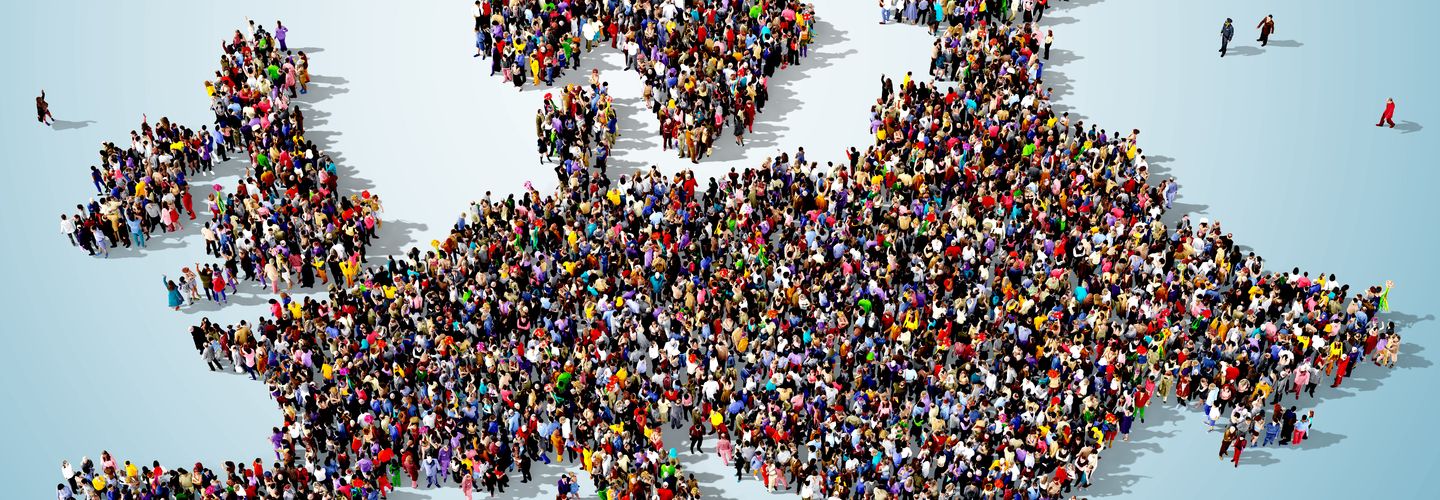 Illustration of a crowd of people forming a map of Europe.