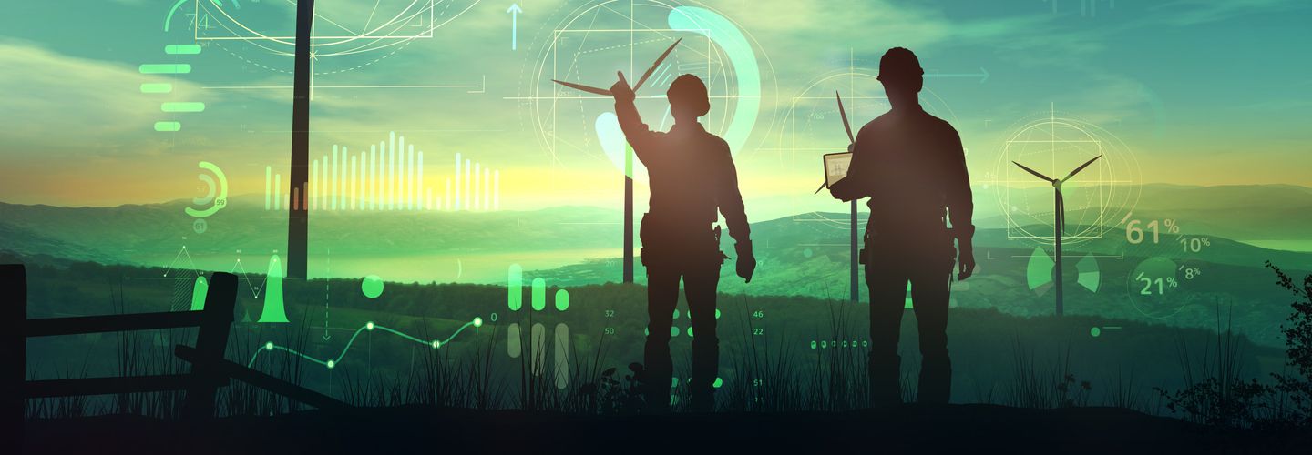 Illustration: engineers watching over the work of wind turbines and virtual data.