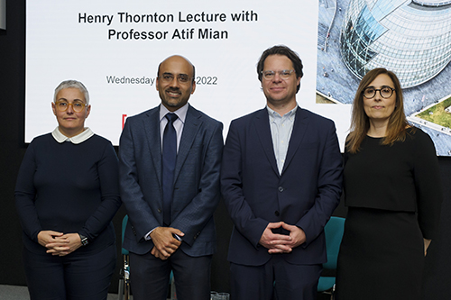Vasso Ioannidou, Atif Mian, Andre Spicer and Barbara Casu standing in a line
