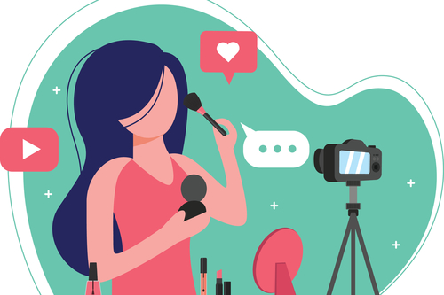 Cartoon of woman applying make-up into a camera