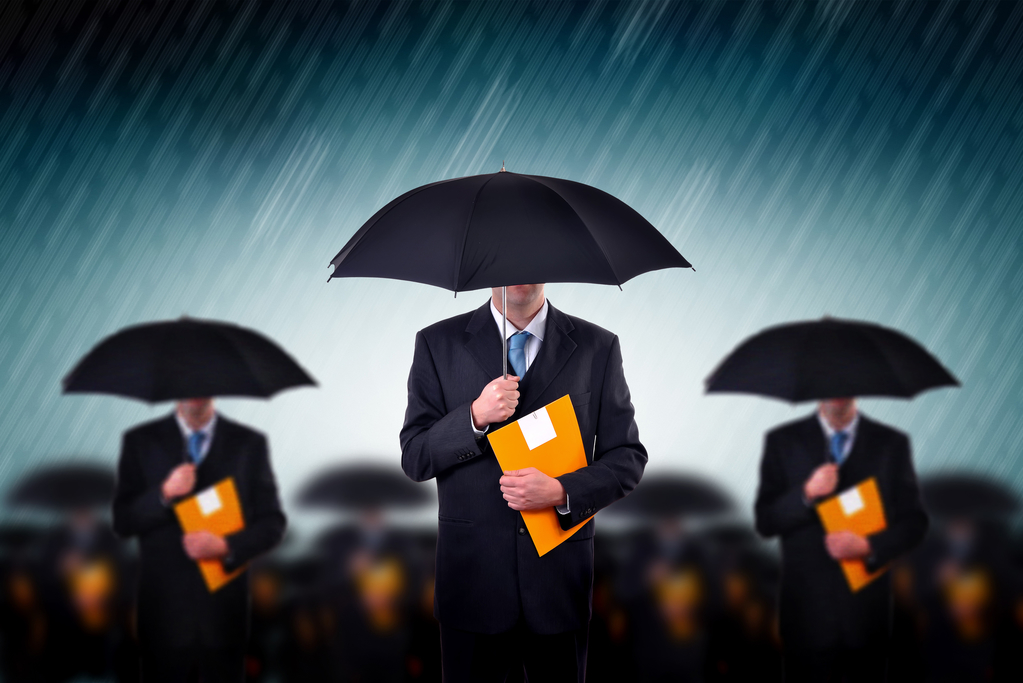 Cartoon men in suits with umbrellas and clipboards