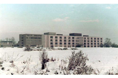 Old hospital buildings in the snow