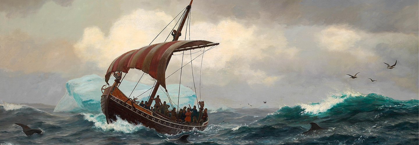 An oil painting of a sailing boat driving through high waves with a cloudy sky