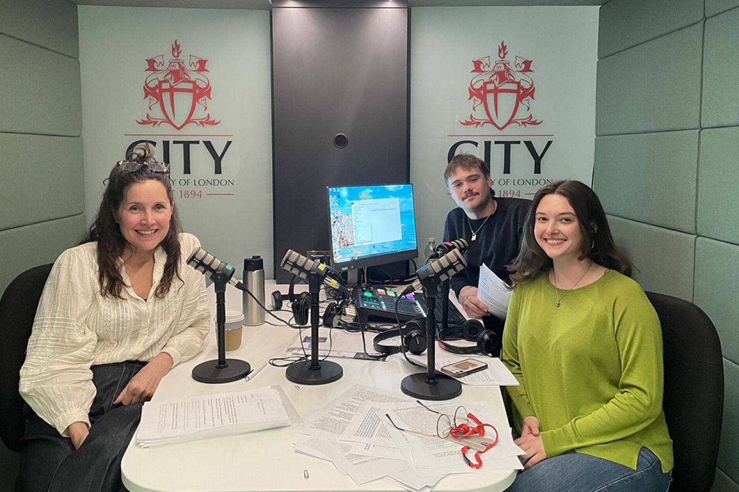 Actor Rachel Shelley in the podcasting studio with students