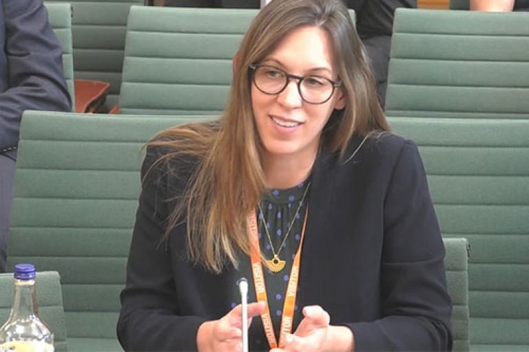 Prof Katrin Hohl OBE sits in the House of Commons during a Justice Committee session. She wears a blazer and a visitor's lanyard. The seats behind her are green