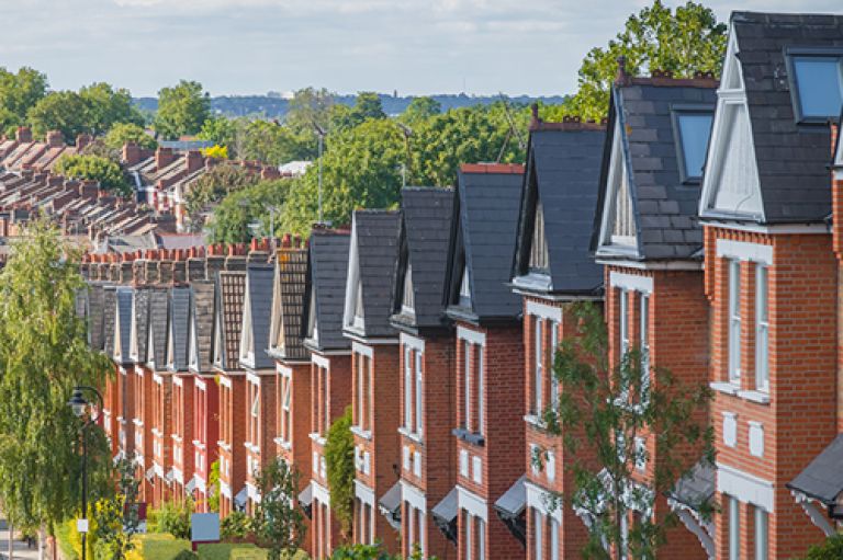 Row of brick houses on tree lined street