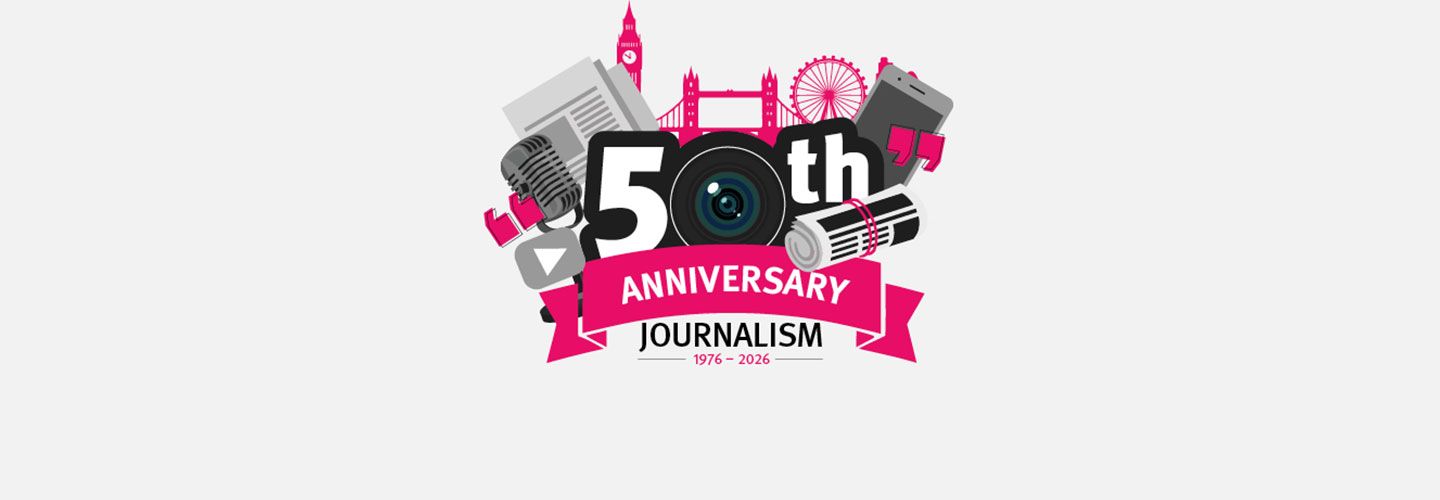 An image of the logo for the Journalism 50'50 celebrations. At its centre is 50th, with the 0 looking like a camera. Behind it are London landmarks such as Tower Bridge, Big Ben, the London Eye, and below it other it other icons such as quote marks, a phone, a newspaper, a microphone, and the Youtube icon. The words read 