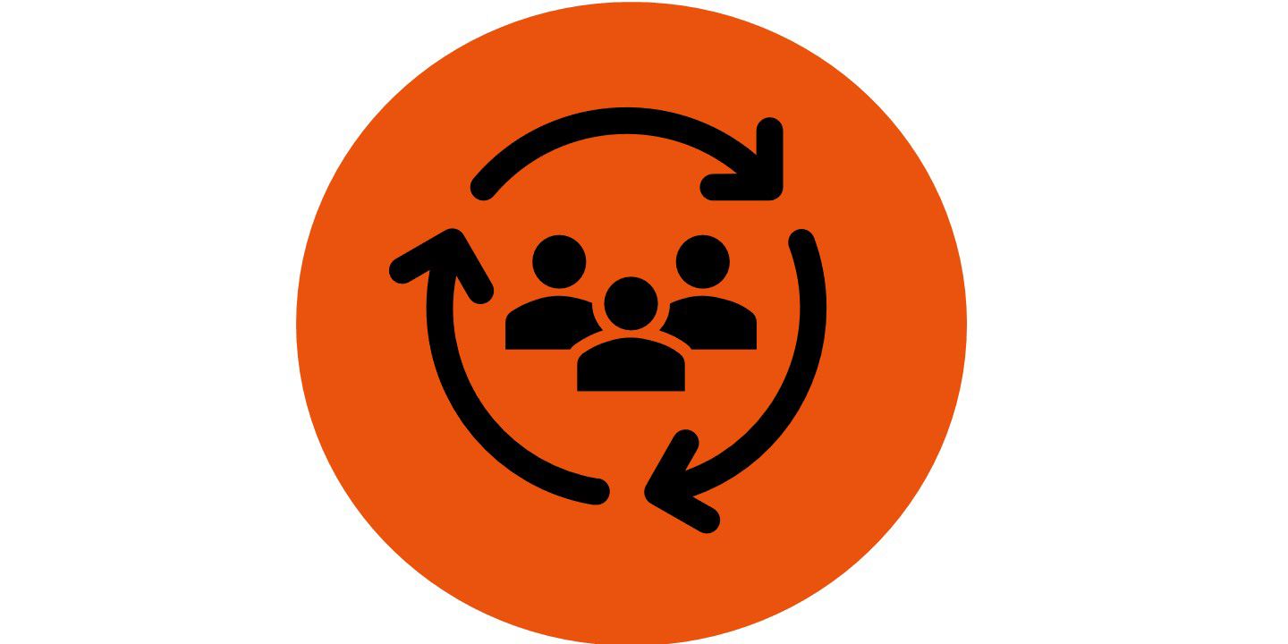 Icon representing three figures standing within a circle, on a red background.