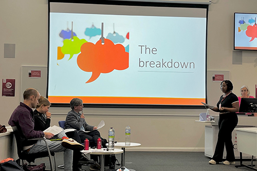 Student pitches podcast idea to three panellists