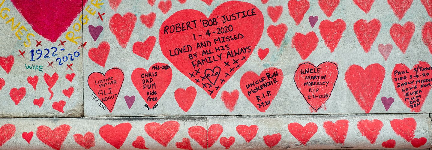 Wall of hearts commemorating people who have died from COVID.