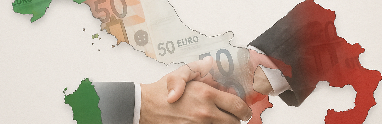 Italy coloured in green, white and red with handshake and euro notes faded over the top