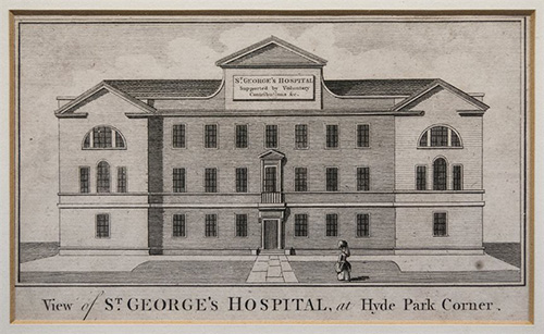 Engraving print of a hospital building with the caption "View of St George's Hospital, at Hyde Park Corner."