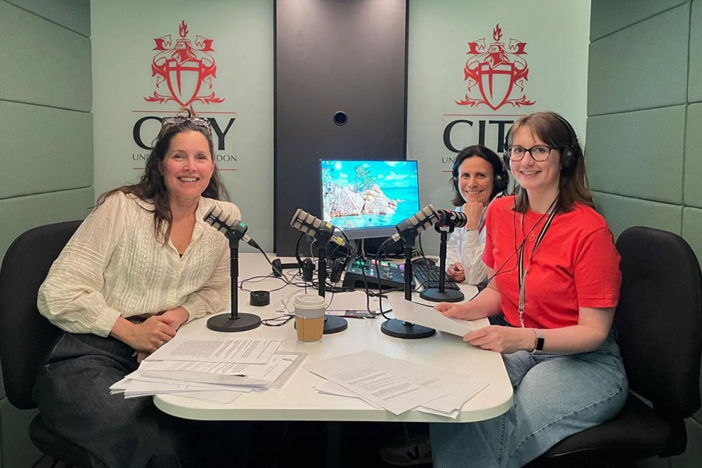 Presenter Rachel Shelley with City student and staff at the audio studio