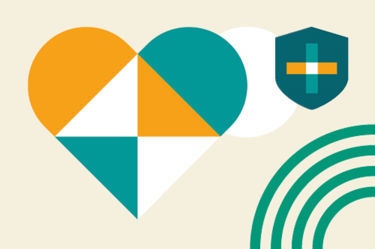 A colorful rainbow above a heart shield, representing love and safety in a harmonious design.