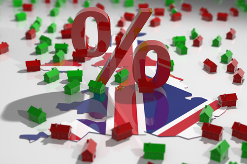 Monopoly houses scattered around with percentage symbol standing on top of map of Britain