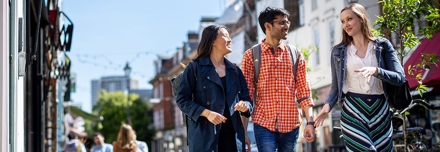 Postgraduate students walking together down Exmouth Market