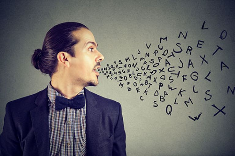 Man speaking jumbled letters - surreal image