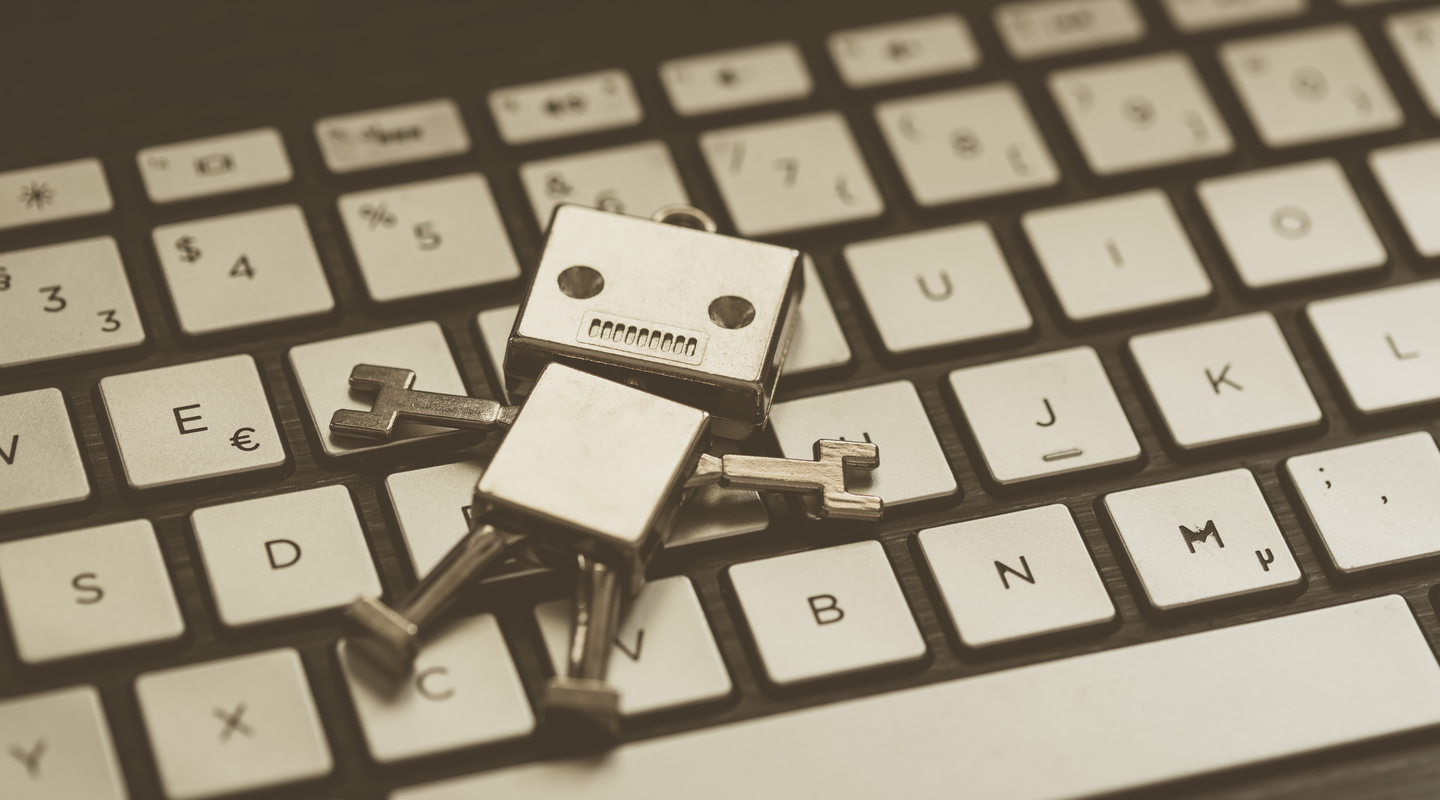 A cartoon chatbot on a keyboard
