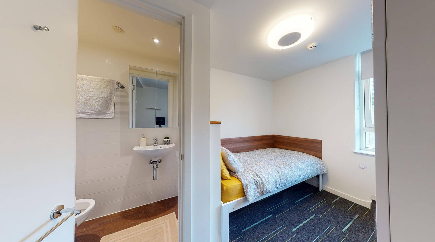 Bedroom with a view into the toilet, with a mirrored cabinet over the sink, raise towel rail and floor mat. The toilet door has a handrail on it.