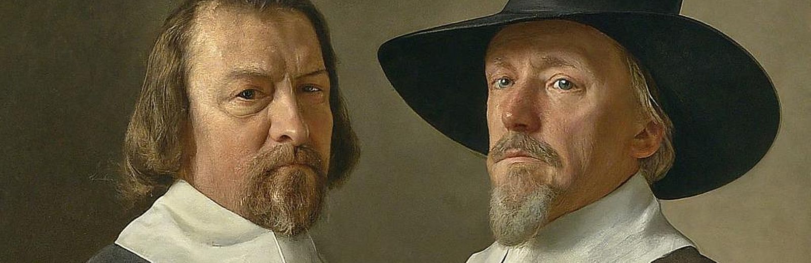 A painting of two 17th Century men in Puritan clothing