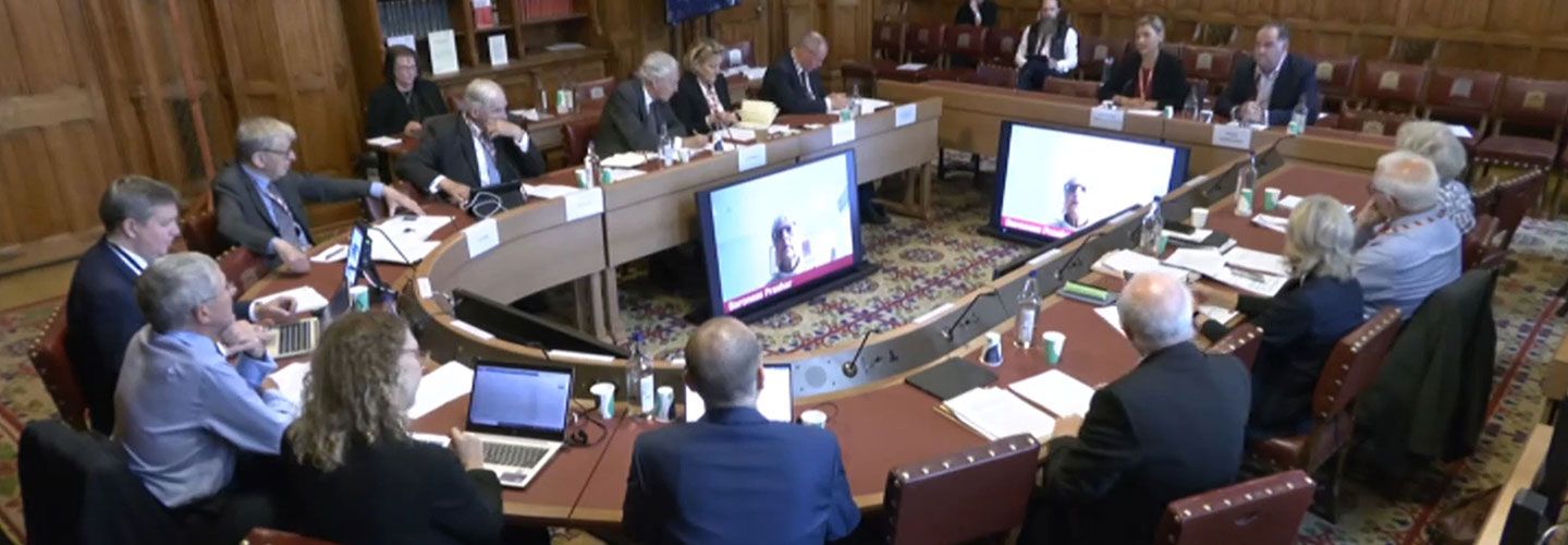 An image of a roundtable with people sitting all around it in the House of Lords. There is a screen in the middle with a person attending virtually. The room is made of wooden panelling and there are dark red leather seats with a crown embossed on it. Prof Emmeline Taylor sits next to Paul Gerrard of the Co-op.