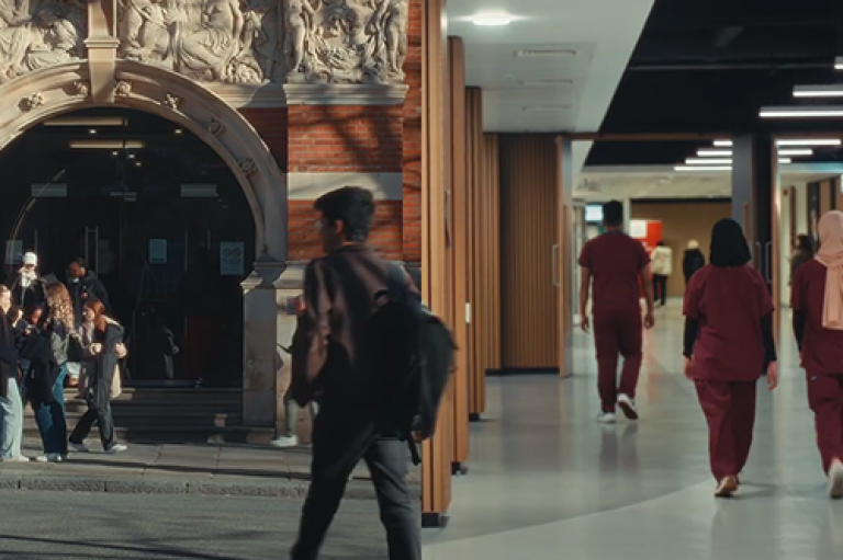 The photo shows two scenes at City St George's with students mixing with each other at university buildings 