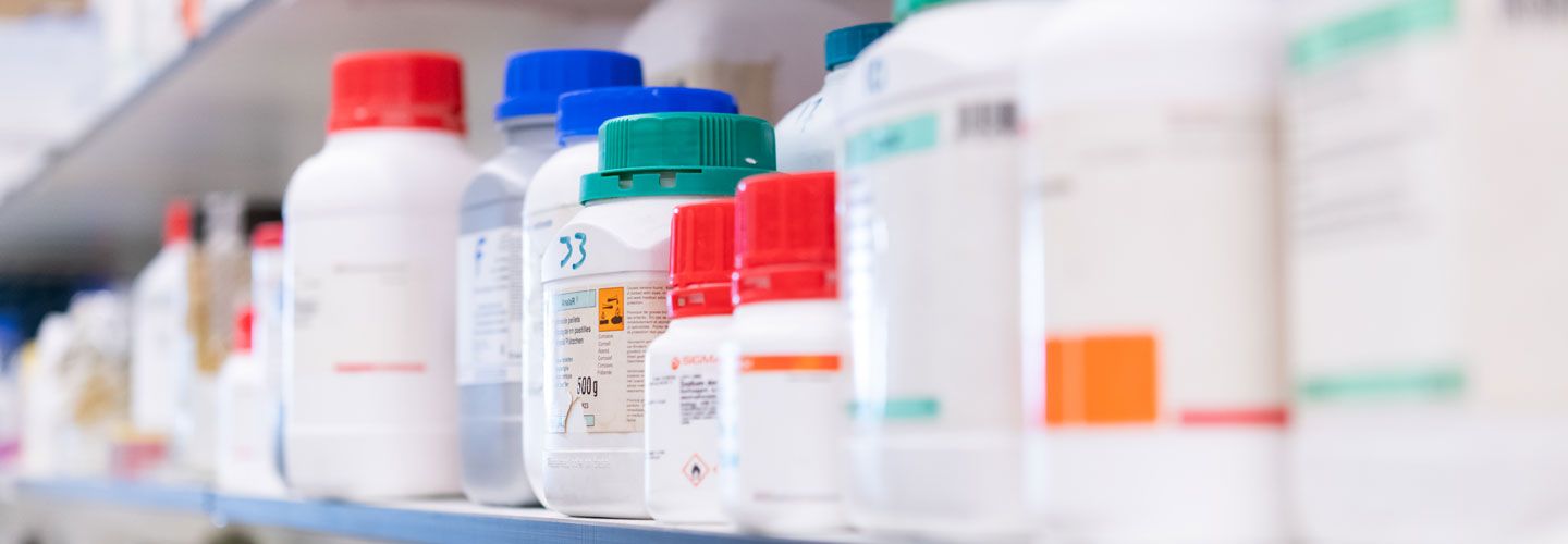 Medicine bottles in Professor Debbie Baines lab, Infection and Immunity Research Institute