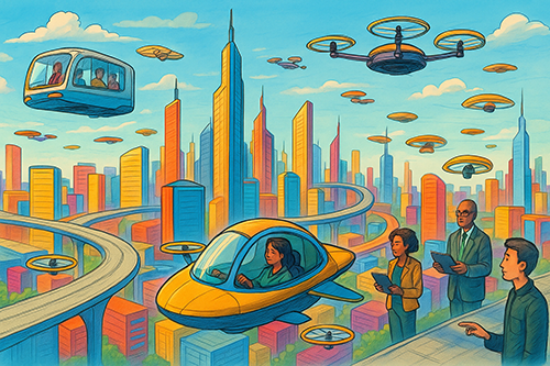 Sketch of futuristic city with drones and hovercrafts. Three scientists stand on the side with clipboards.