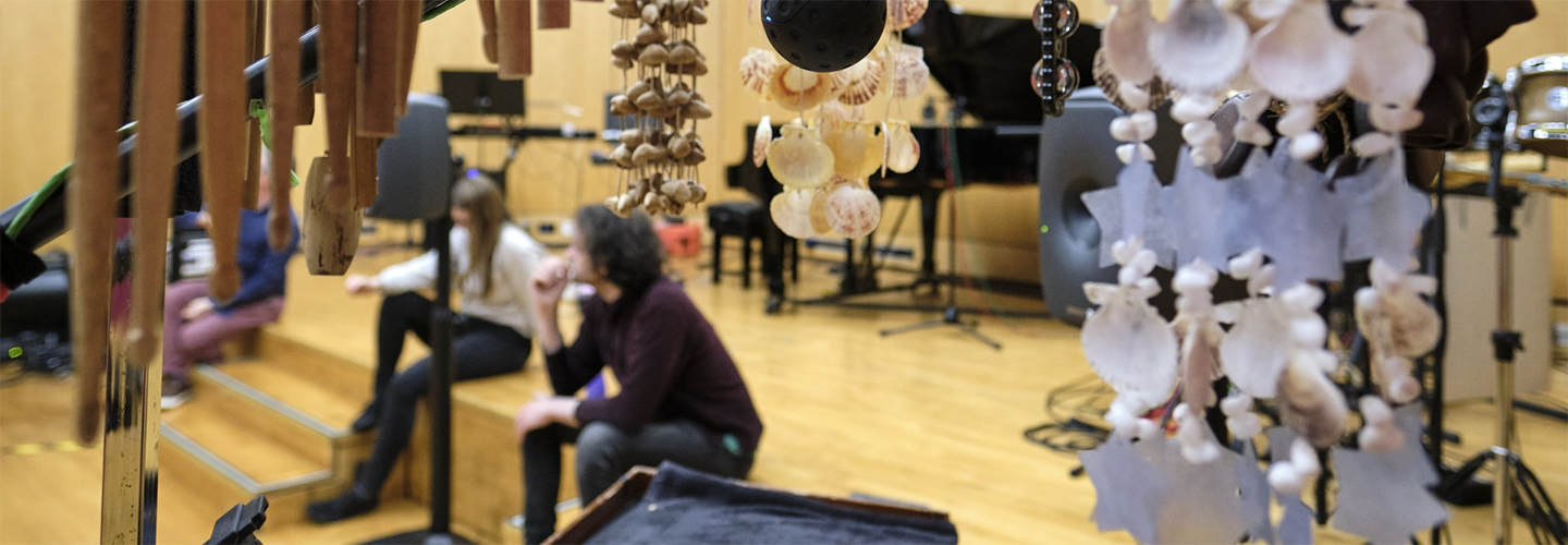 Image taken during a SPARC symposium of a performance by GBSR Duo of Prestidigitation by Aaron Einbond.