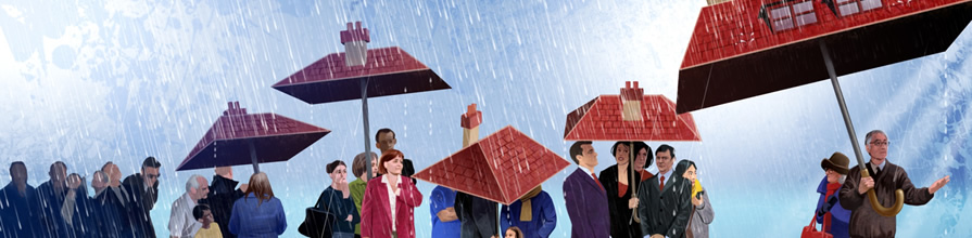 Various groups of people sheltered from rain by roofs over their heads