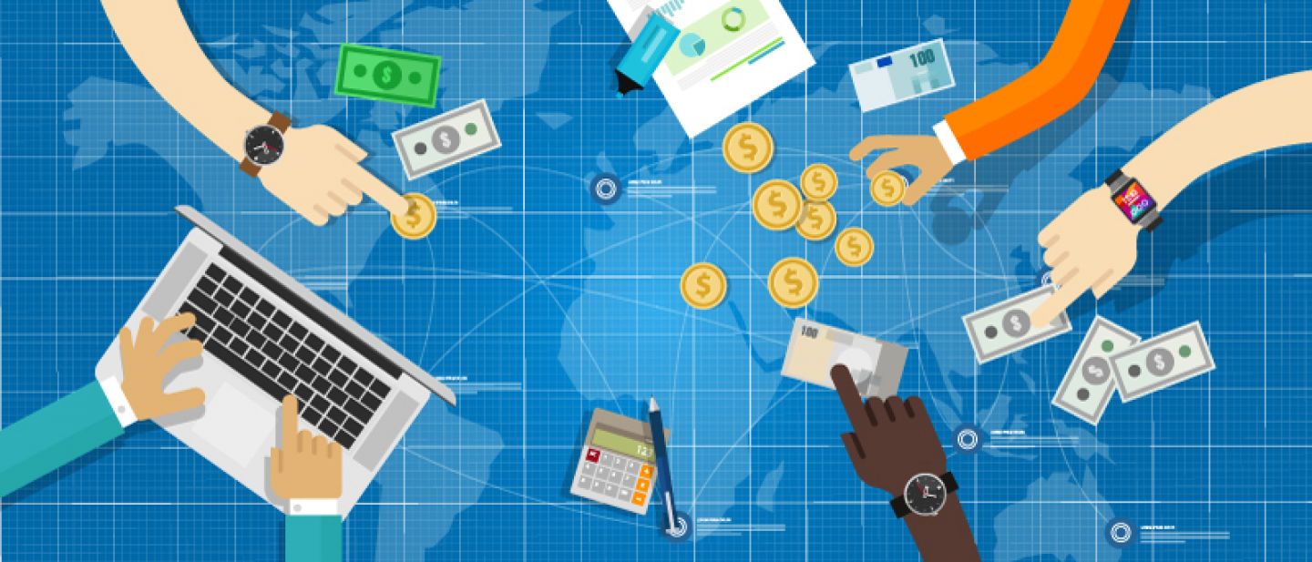 Illustration of hands moving money around on a map of the world.