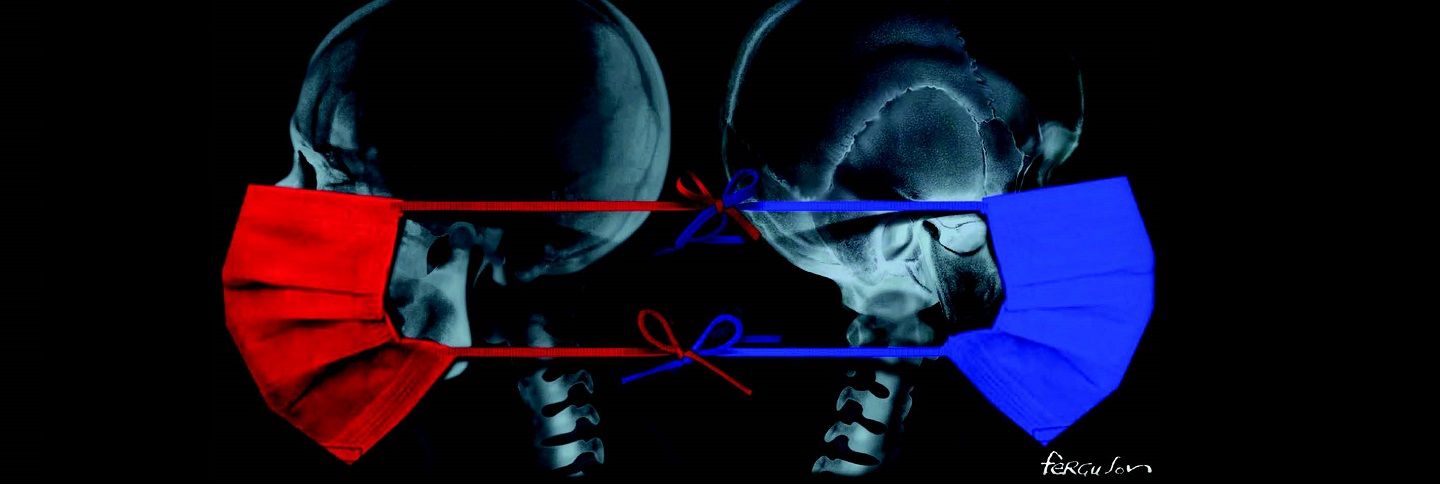 Banner of two covid masked x ray skeletons
