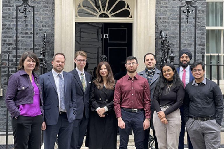Students standing outside 10 Downing Street.