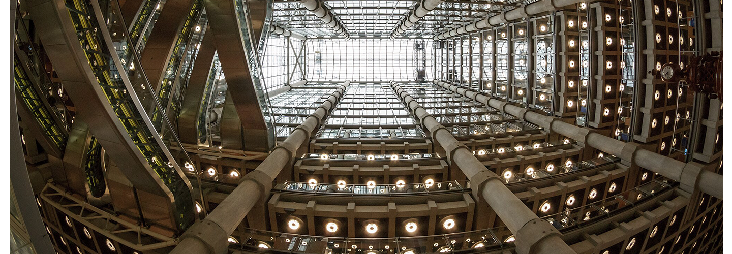 A photo of the stairwell up to the roof at Lloyd's building which is shaped like a fish eye