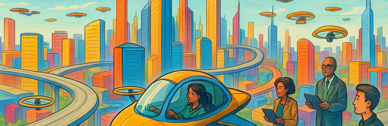 Sketch of futuristic city with drones and hovercrafts. Three scientists stand on the side with clipboards.