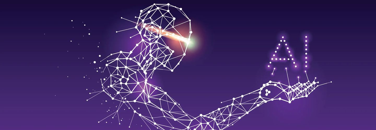A glowing wireframe figure made of connected nodes holds the letters 