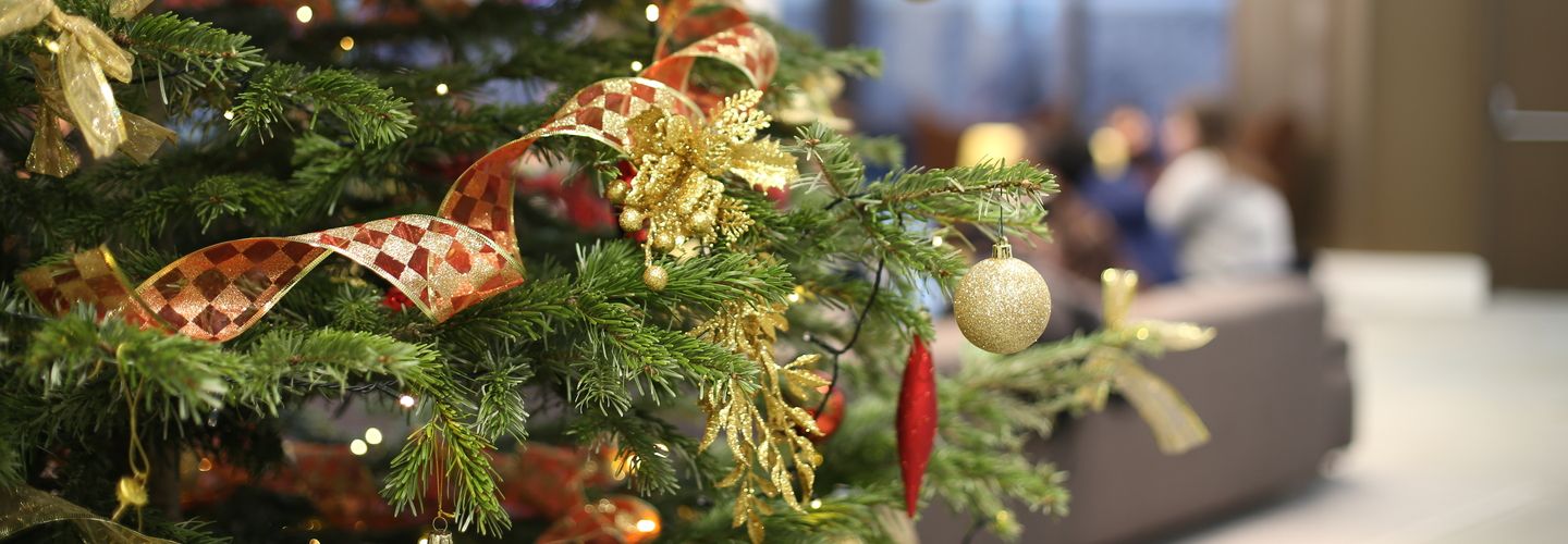 A close-up shot of a Christmas tree decorated with lights