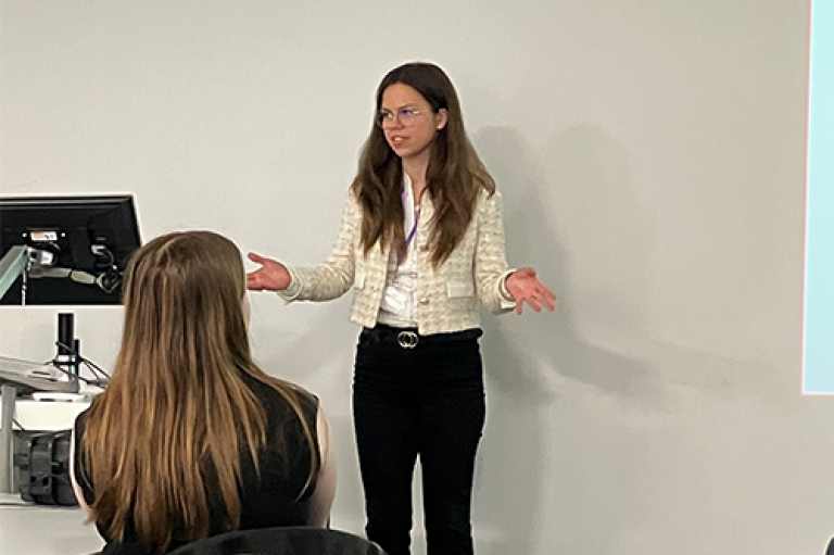 A woman presenting