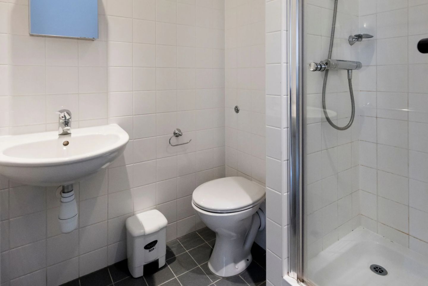 Ensuite bathroom in Halls room showing toilet, sink and shower