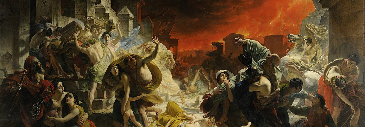 An oil painting depicts people cowering in terror under what appears to be fiery skies
