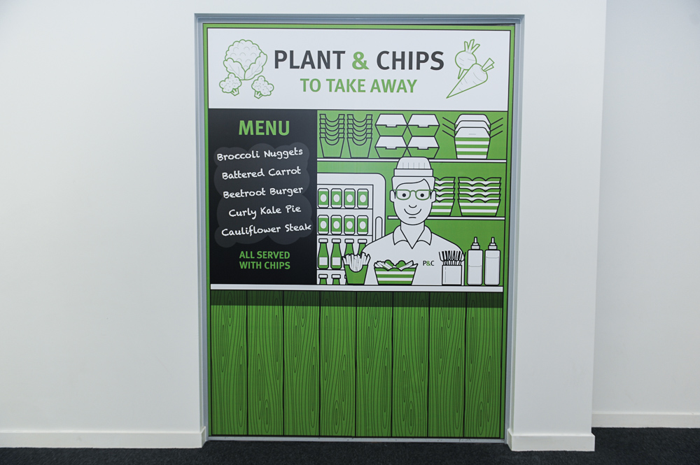 Plant and Chips to take away, menu: broccoli nuggers, battered carrot, beetroot burger, cauliflower steak.